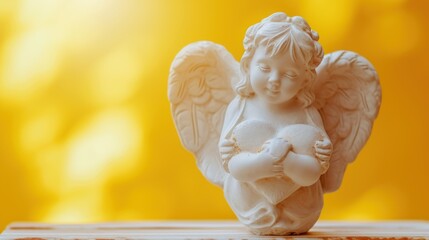 Wall Mural -  a white angel figurine holding a baby in it's arms on top of a wooden table against a yellow background.