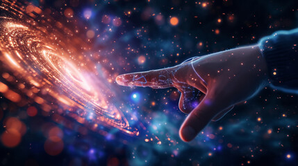 Hand touching a spinning data flow, data flow processing visualization background