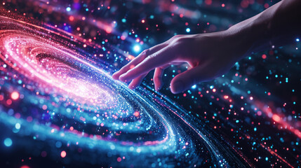 Hand touching a spinning data flow, data flow processing visualization background