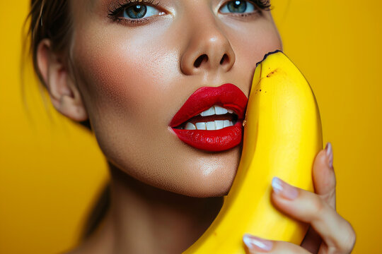 Sexy model woman with red lips make-up taking a bite from yellow banana with the fruit next to her beautiful face