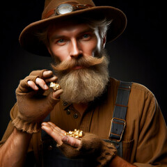 portrait of a gold miner holding a nugget in his hand on a black background. ai generative