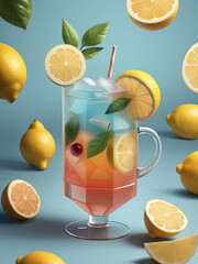 Wall Mural - Flat Illustration of Fizzy Iced Tea with Lemon Wedge on Gradient Background Gen AI