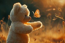 Teddy Bear With Outstretched Arms As A Butterfly Lands On One Paw Capturing A Moment Of Delightful Connection Between The Cuddly Toy And The Delicate Insect