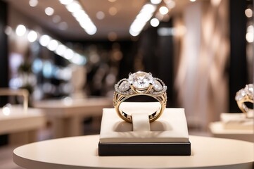 Women ring store and accessories luxury fashion store interior, spotlight, bokeh blurred background