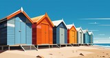 Fototapeta Sport - Beach huts on a sunny day. Vector illustration in cartoon style.