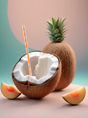 Wall Mural - Refreshing Coconut Drink - Surreal fruit portrait on a whimsical gradient background Gen AI