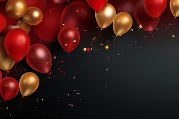 Dramatic party banner background with red and gold balloons and confetti, with empty copy space Generative AI