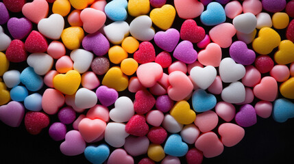 Wall Mural - Colorful heart shaped candies on black background. Top view.