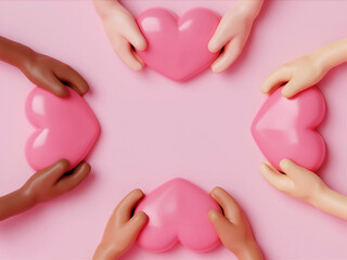 Wall Mural - 3d icon pink heart in hands. cartoon arm holding gesture hand give pink heart. Realistic illustration of donation love on pink background. valentine love forever theme, 3d rendering illustration