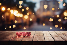 Valentines Day Background With Red Hearts On Wooden Table With Bokeh Lights.