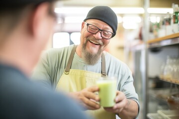 Wall Mural - employee giving a sample of green smoothie