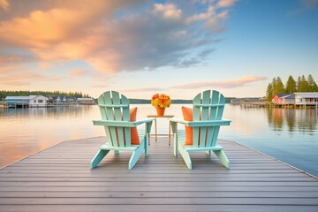 Sticker - adirondack chairs on a dock facing a tranquil cottage