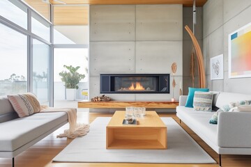 Wall Mural - glassfronted fireplace in a concrete living room