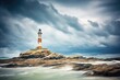 lone lighthouse on a rocky outcrop during a storm