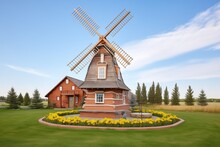 Traditional Wood Windmill With Brick Base In Grassland