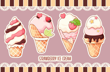 Wall Mural - Set of strawberry ice cream in kawaii style for sweet design. Sundae, gelato in waffle cone. Cute summer food collection in retro style. Vector illustration EPS8