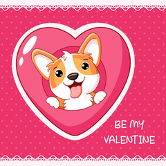 Wall Mural - Cute Valentine card in kawaii style. Lovely little corgi puppy with pink heart. Inscription  Be my Valentine. Can be used for t-shirt print, stickers, greeting card design. Vector illustration EPS8