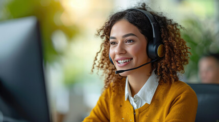 Wall Mural - Young woman wearing a yellow cardigan and a white shirt, with curly hair, smiling and wearing a headset, representing a customer service representative or a call center operator.