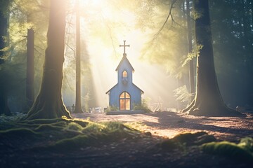 Poster - chapel in a forest clearing with rays of sunlight