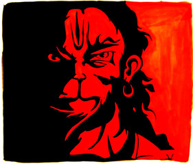 Hand draw portrait of lord Hanuman face. Lord Hanuman Ji is a Hindu God. Design in black and kesariya (orange) colour 