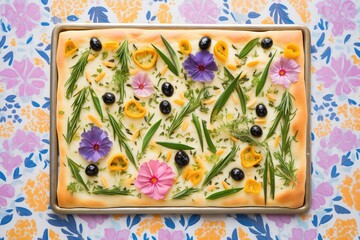 Sticker - focaccia with olives and herbs arranged in an artistic pattern