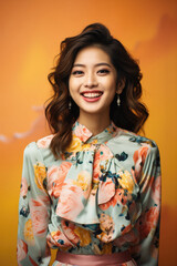 Wall Mural - Beautiful asian woman in floral dress smiling at camera isolated on orange