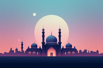 Wall Mural - Illustration of mosque with full moon in background. Ramadan Kareem background.