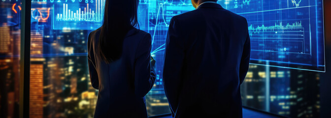 Close up of engineer, businessman, programmers observing data on futuristic computer hologram. Developing Advanced Software with multiple computer of code on futuristic modern interface