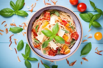 Wall Mural - overhead shot of spaghetti in a bowl with fresh basil and tomatoes