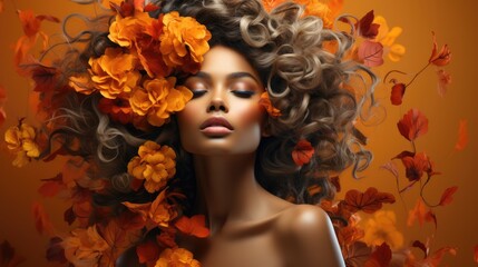 Wall Mural - Autumn beautiful woman with orange leaves on head