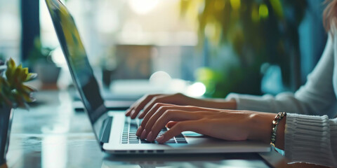 Banner with businesswoman's hands on laptop computer keyboard