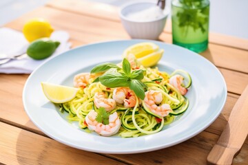 Wall Mural - zoodles and shrimps on a plate with lemon slices