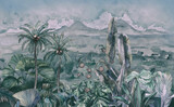 Fototapeta  - Landscape with tropical plants and mountains. Hand drawn watercolor illustration with tropical view