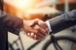 © dobok - closeup man handshake on bicycle shop background, Generative AI