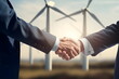 closeup man handshake wind turbine background, Generative AI