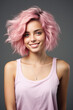 © Synthetica - Portrait of a beautiful young woman with pink hair on gray background