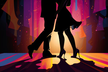 
Illustration of a couple's legs on a dance floor, woman in jazz shoes on tiptoes kissing a man in suede derbies, colorful lights and shadows