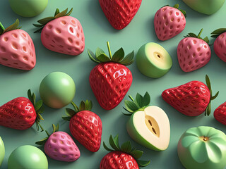 Wall Mural - Vibrant Strawberry Pop Illustration on Gradient Background - 3D Low-Poly Art with Gradient Skies Gen AI