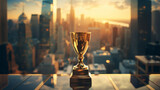 Fototapeta  - Champion golden trophy city background. Success and achievement concept. Best entrepreneur, startup