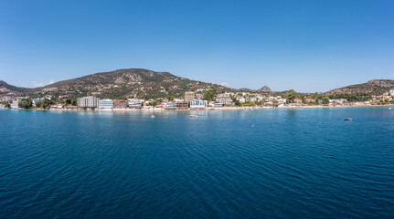 Wall Mural - Tolo near Nafplio, Argorida, Peloponnese, Greece. Aerial drone panoramic view of village, sea. Space