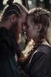 © Zireael - In an epic portrayal of love, a valiant Viking couple embraces passionately against a medieval backdrop, creating a captivating scene for a romance novel's enchanting book cover