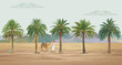 Emirati man with camel walking in the middle of dessert oasis palm tree illustration