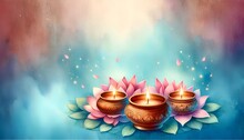 Watercolor Background With Diya Lamps,pink Lotus Flowers And Copy Space.