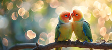 Two Kissing Parrots On Bokeh Background. Valentine's Day Concept 