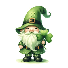 Wall Mural - Watercolor illustration of cute gnome with clover leaf and gold pot, St. Patrick's Day concept