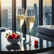 Two glasses of champagne with strawberries on a table in a city loft with skyline at blue hour