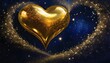 Golden heart, gold sparkles, and glitter on a blue background . Valentine's Day greeting card . Love and relationship concept