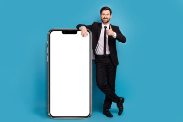 Sticker - Full body length size cadre of positive successful thumb up rate feedback web page panel screen phone isolated on blue color background