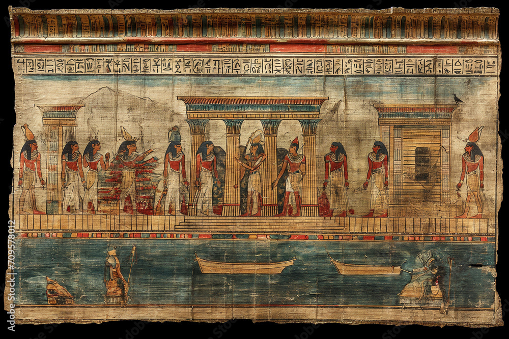 Ancient Egyptian Papyrus Depicting Pharaohs at Nile Temple with Boats ...