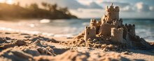 Close Up Photo Of Sand Castle On The Ocean Beach On Sunset. Summer Kids Holidays On The Sea Side, Sea Coast. Concept Of Summer Vacation For Postcard, Banner, Poster, Advertisement With Copy Space.